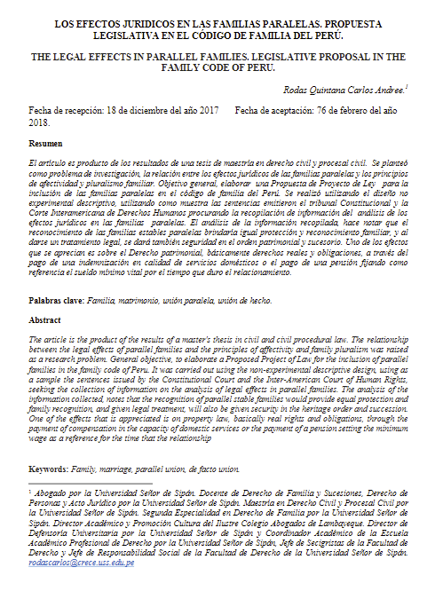 LOS EFECTOS JURIDICOS EN LAS FAMILIAS PARALELAS. PROPUESTA LEGISLATIVA EN EL CÓDIGO DE FAMILIA DEL PERÚ