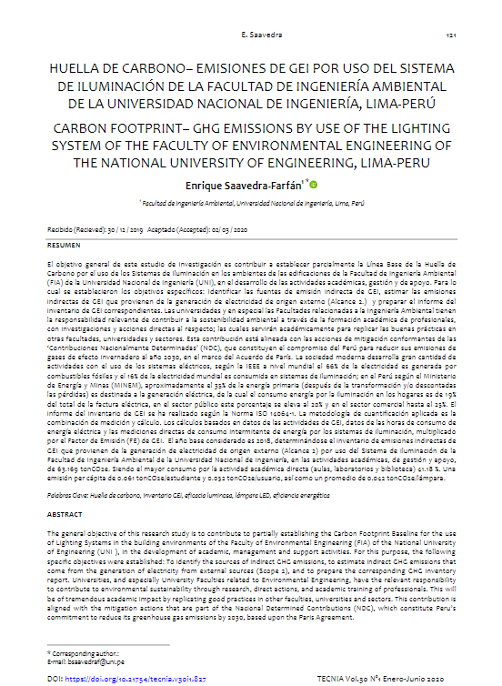 Huella de carbono: emisiones de GEI por uso del sistema de iluminación de la Facultad de Ingeniería Ambiental de la UNI