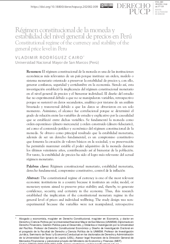 Régimen constitucional de la moneda y estabilidad del nivel general de precios en Perú