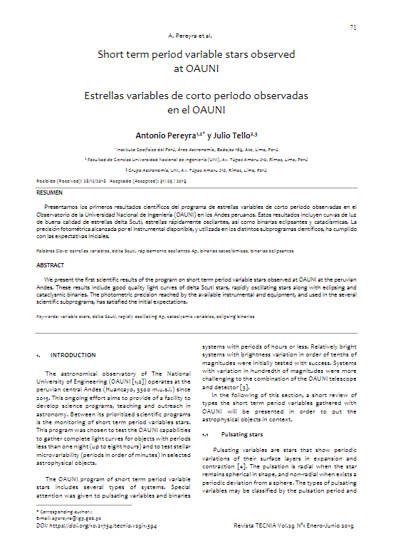 Estrellas variables de corto periodo observadas en el OAUNI