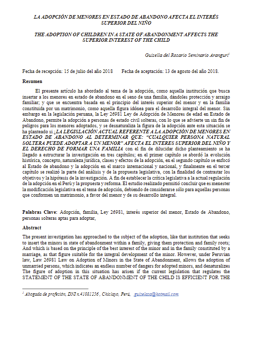 LA ADOPCIÓN DE MENORES EN ESTADO DE ABANDONO AFECTA EL INTERÉS SUPERIOR DEL NIÑO