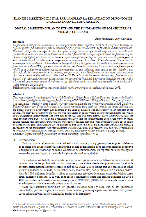 PLAN DE MARKETING DIGITAL PARA AMPLIAR LA RECAUDACIÓN DE FONDOS DE LA ALDEA INFANTIL SOS CHICLAYO