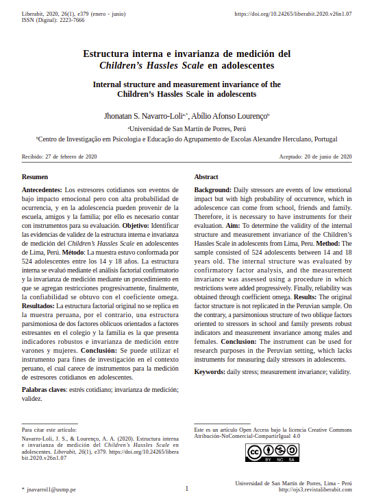 Estructura interna e invarianza de medición del Children's Hassles Scale en adolescentes