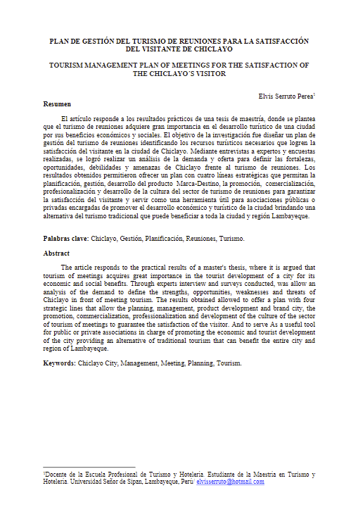PLAN DE GESTIÓN DEL TURISMO DE REUNIONES PARA LA SATISFACCIÓN DEL VISITANTE DE CHICLAYO