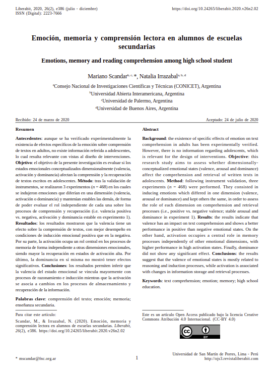 Emoción, memoria y comprensión lectora en alumnos de escuelas secundarias