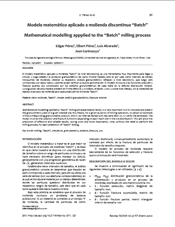 Modelo matemático aplicado a molienda discontinua &quot;Batch&quot;