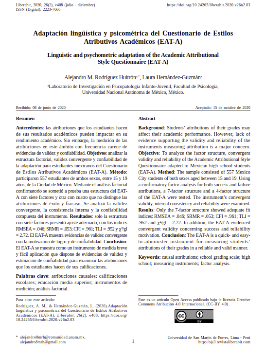 Adaptación lingüística y psicométrica del Cuestionario de Estilos Atributivos Académicos