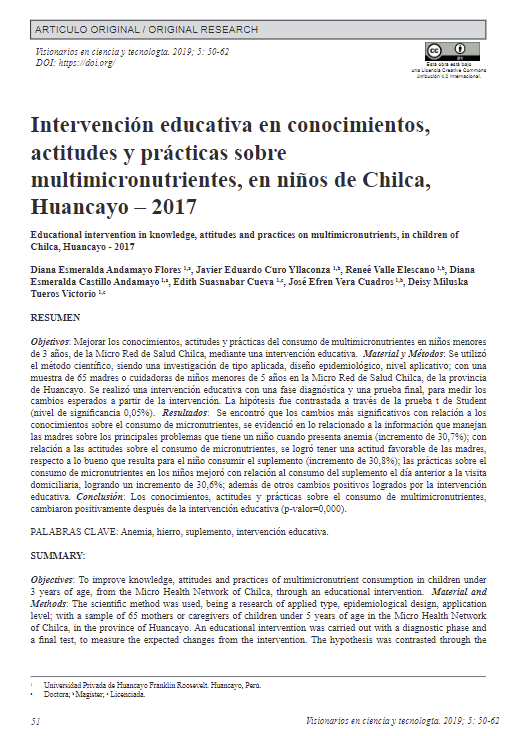 Intervención educativa en conocimientos,actitudes y prácticas sobre multimicronutrientes, en niños de Chilca, Huancayo 2017