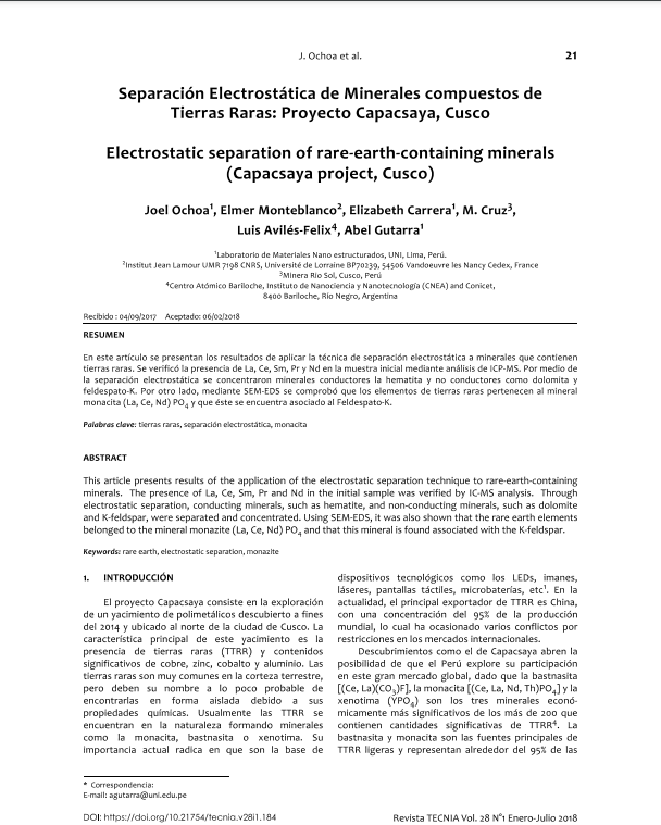 Separación Electrostática de Minerales compuestos de Tierras Raras: Proyecto Capacsaya, Cusco