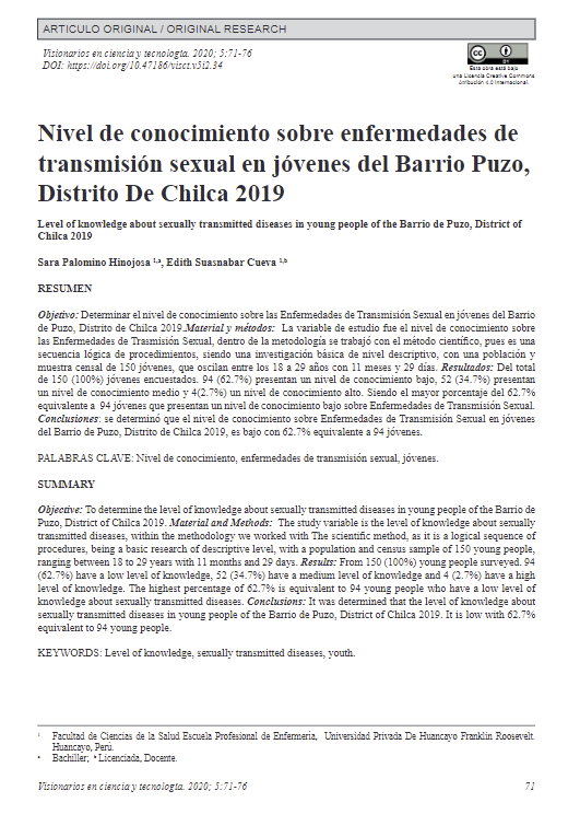 Nivel de conocimiento sobre enfermedades de transmisión sexual en jóvenes del Barrio Puzo, Distrito De Chilca 2019