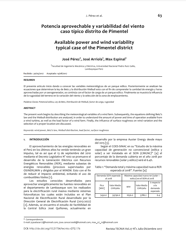 Potencia aprovechable y variabilidad del viento caso típico distrito de Pimentel