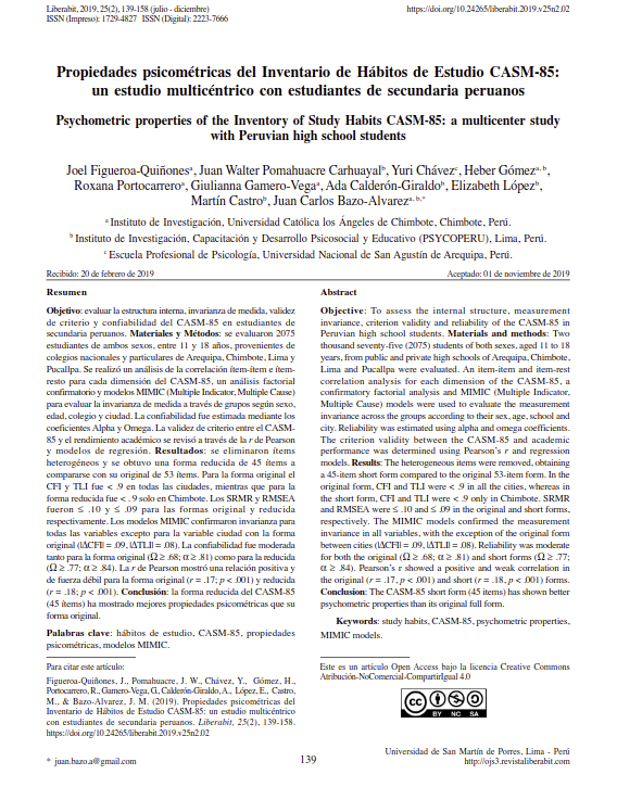 Propiedades psicométricas del Inventario de Hábitos de Estudio CASM-85