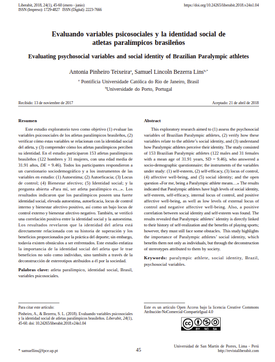 Evaluando variables psicosociales y la identidad social de atletas paralímpicos brasileños