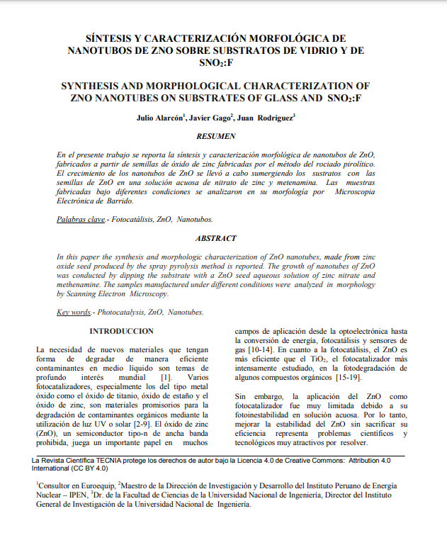 SÍNTESIS Y CARACTERIZACIÓN MORFOLÓGICA DE NANOTUBOS DE ZNO SOBRE SUBSTRATOS DE VIDRIO Y DE SNO 2 :F