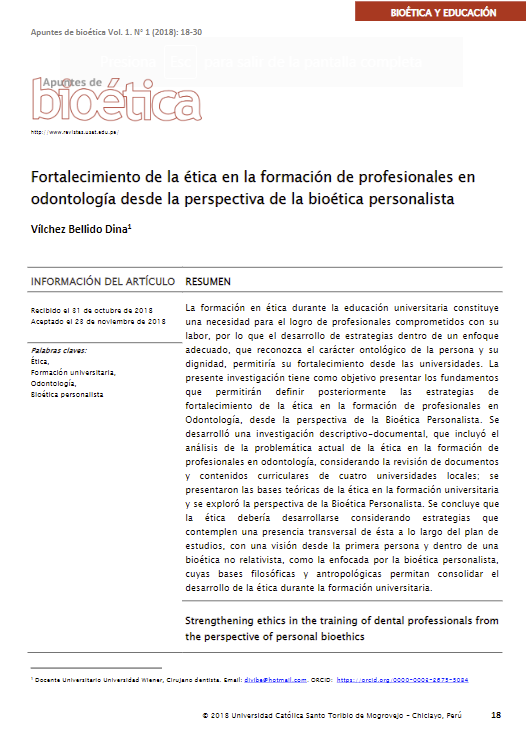 Fortalecimiento de la ética en la formación de profesionales en odontología desde la perspectiva de la bioética