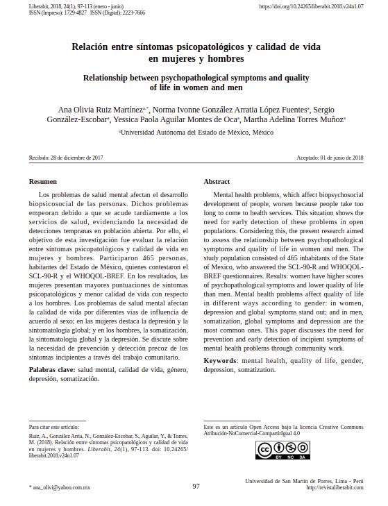 Relación entre síntomas psicopatológicos y calidad de vida en mujeres y hombres