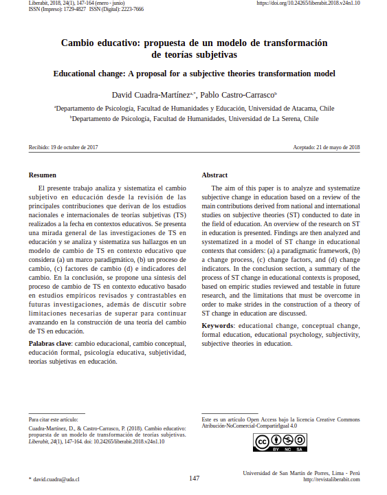 Cambio educativo: propuesta de un modelo de transformación de teorías subjetivas