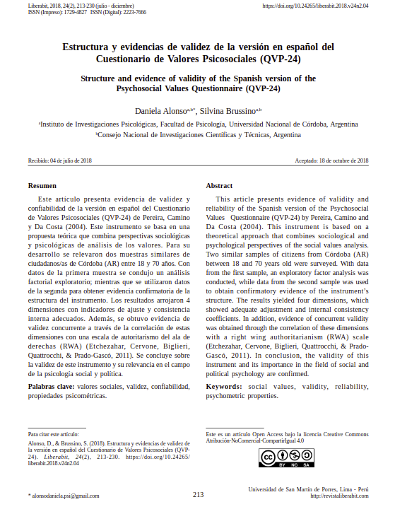 Estructura y evidencias de validez de la versión en español del Cuestionario de Valores Psicosociales