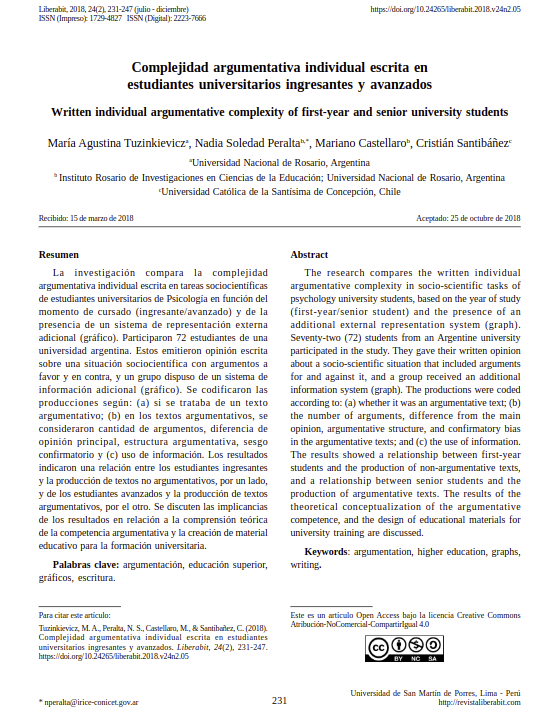 Complejidad argumentativa individual escrita en estudiantes universitarios ingresantes y avanzados