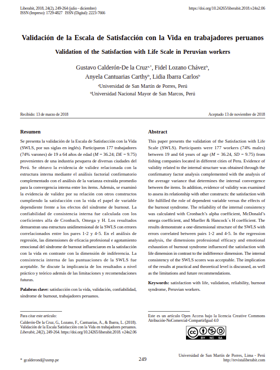 Validación de la Escala de Satisfacción con la Vida en trabajadores peruanos