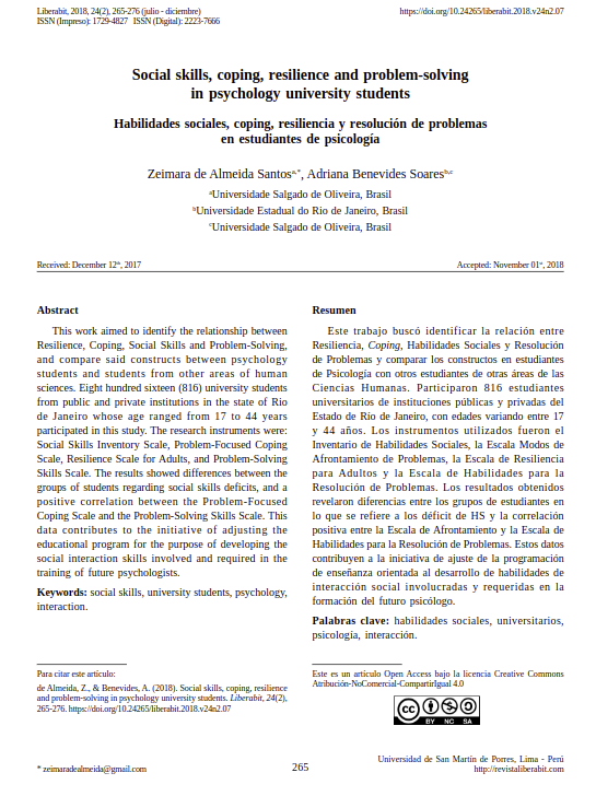 Social skills, coping, resilience and problem-solving in  psychology  university  students