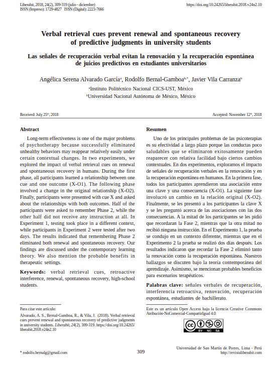 Verbal  retrieval  cues  prevent  renewal  and  spontaneous  recovery of  predictive  judgments  in  university  students