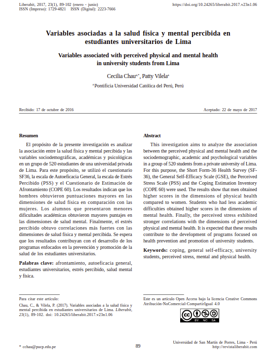 Variables asociadas a la salud física y mental percibida en estudiantes universitarios de Lima