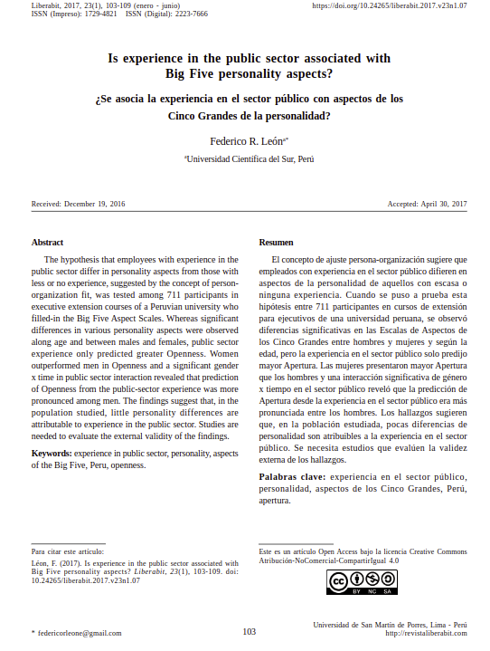 Is experience in the public sector associated with Big Five personality aspects?