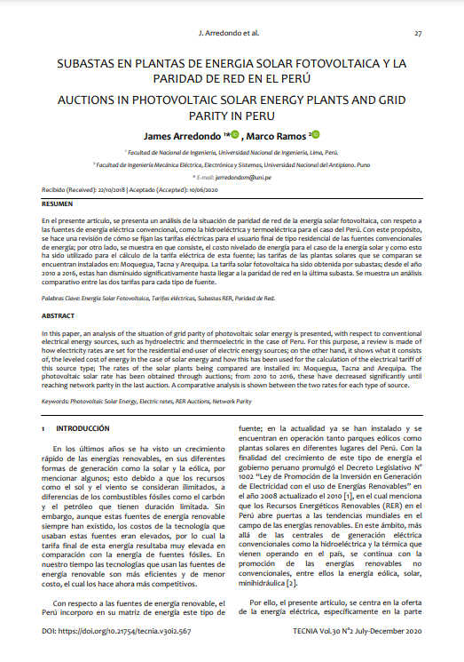 Subastas en Plantas de Energía Solar Fotovoltaica y la Paridad de Red en el Perú