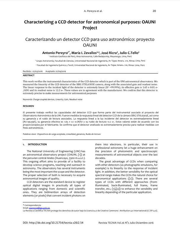 Caracterizando un detector CCD para uso astronómico: proyecto OAUNI