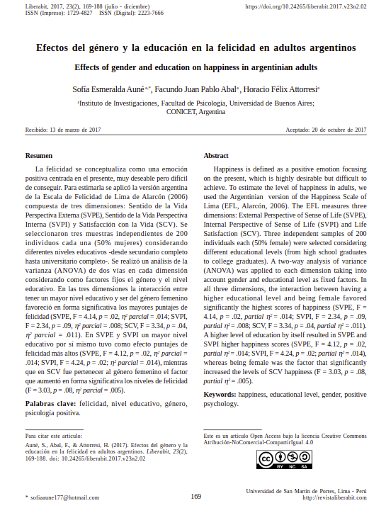 Efectos del género y la educación en la felicidad en adultos argentinos