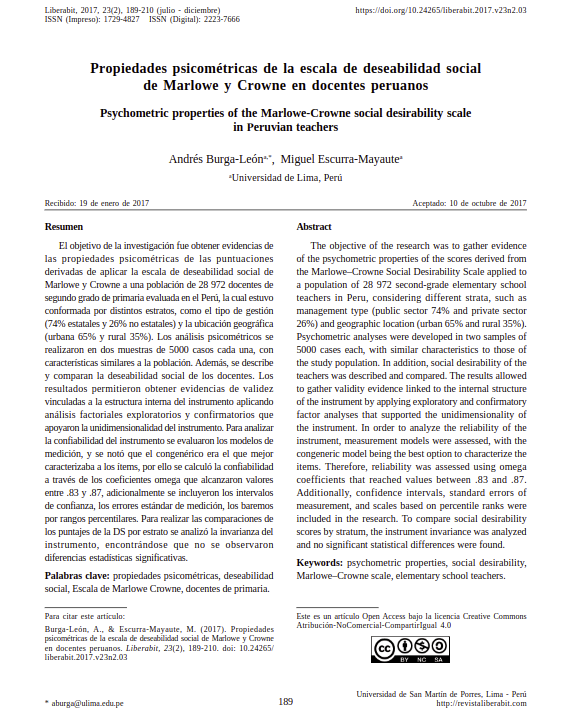 Propiedades psicométricas de la escala de deseabilidad social de Marlowe y Crowne en docentes peruanos
