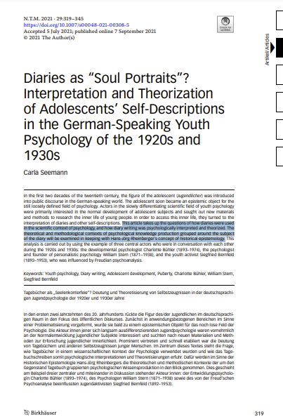 Diaries as &quot;Soul Portraits&quot;? Interpretation and Theorization of Adolescents' Self-Descriptions in the Youth Psychology 20s-30s