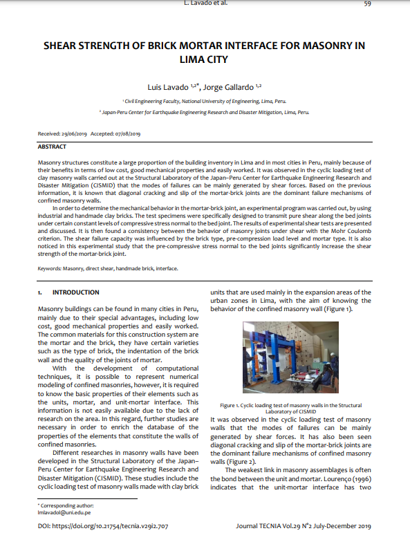 Shear strength of brick mortar interface for masonry in Lima city