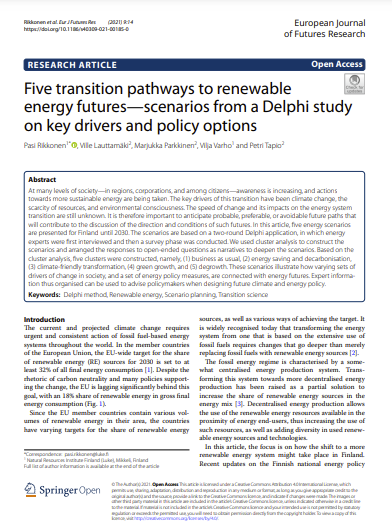 Five transition pathways to renewable energy futures-scenarios from a Delphi study on key drivers and policy options