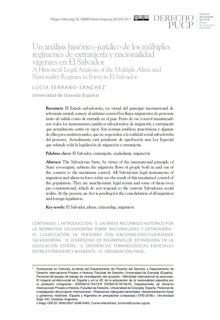 Un análisis histórico - juridico de los multiples regímenes de extrangería y nacionalidad vigentes en el Salvador