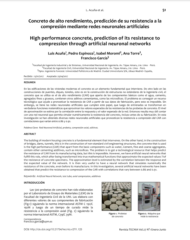 Concreto de alto rendimiento, predicción de su resistencia a la compresión mediante redes neuronales artificiales