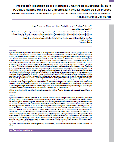 Producción científica de los Institutos y Centro de Investigación de la Facultad de Medicina