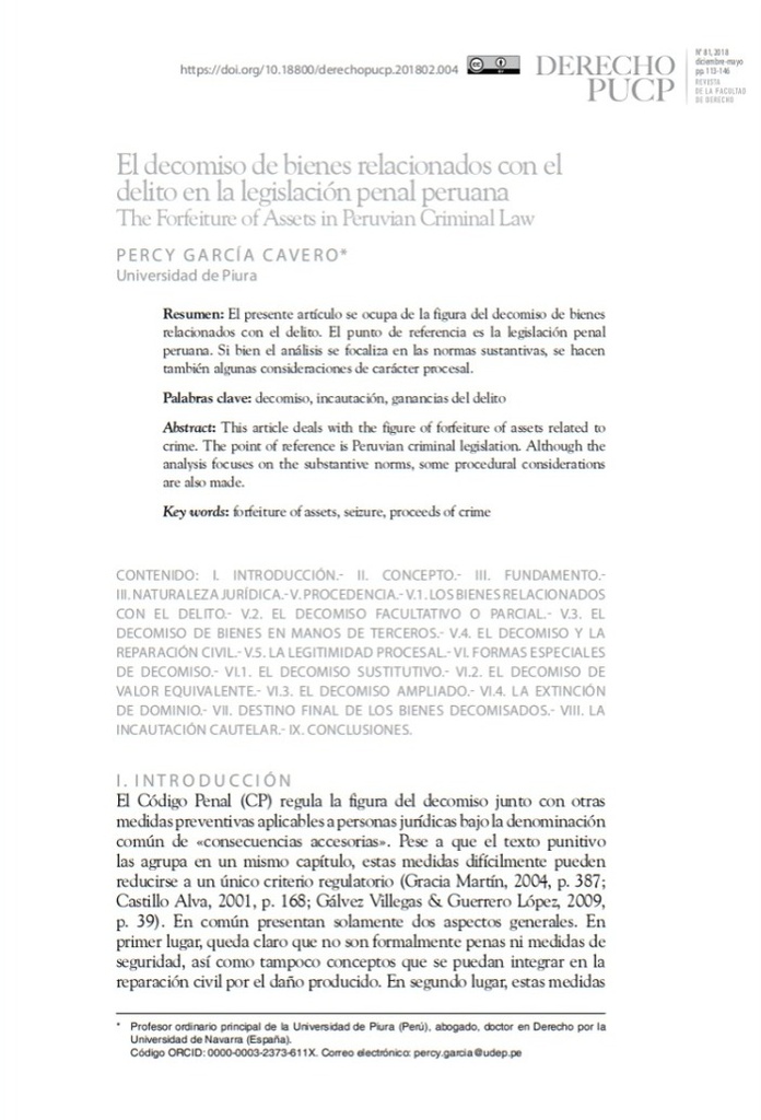 El decomiso de bienes relacionados con el delito en la legislación penal peruana