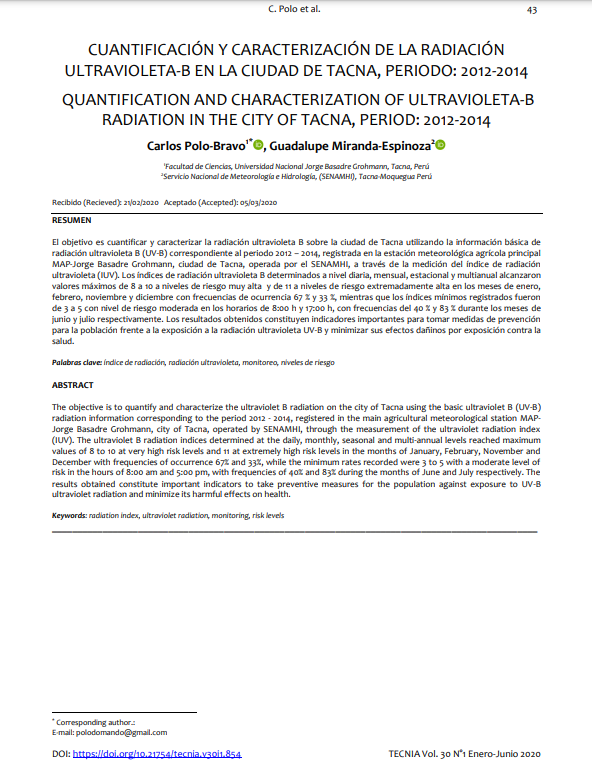 Cuantificación y caracterización de la radiación ultravioleta-B en la ciudad de Tacna, periodo: 2012-2014