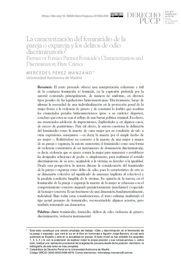 La caracterización del feminicidio de la pareja o expareja y los delitos de odio discriminatorio