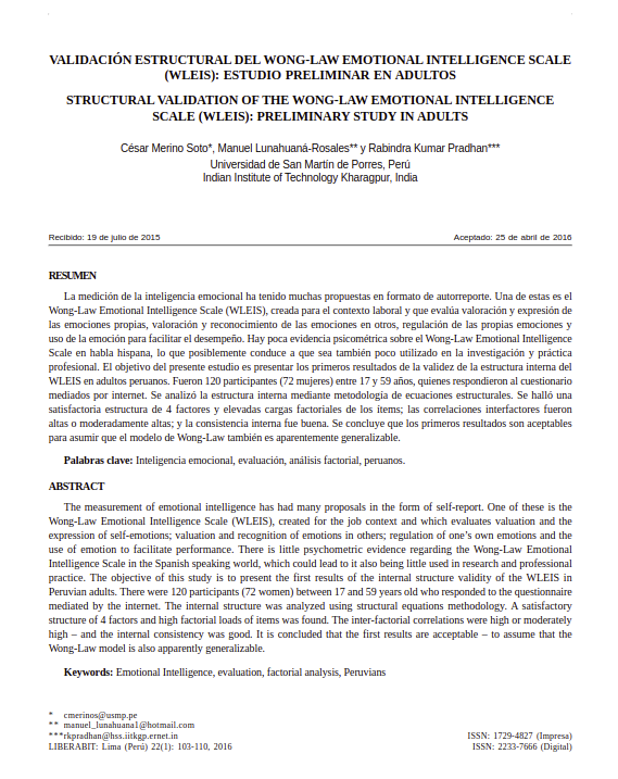 Validación estructural del Wong-Law Emotional Intelligence Scale (WLEIS): estudio preliminar en adultos