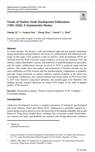 Trends of Positive Youth Development Publications (1995-2020): A Scientometric Review