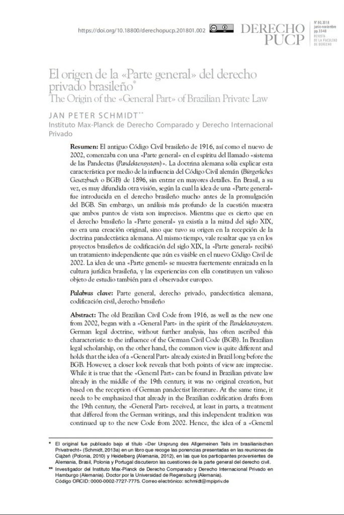 El origen de la &quot;parte general&quot; del derecho privado brasileño