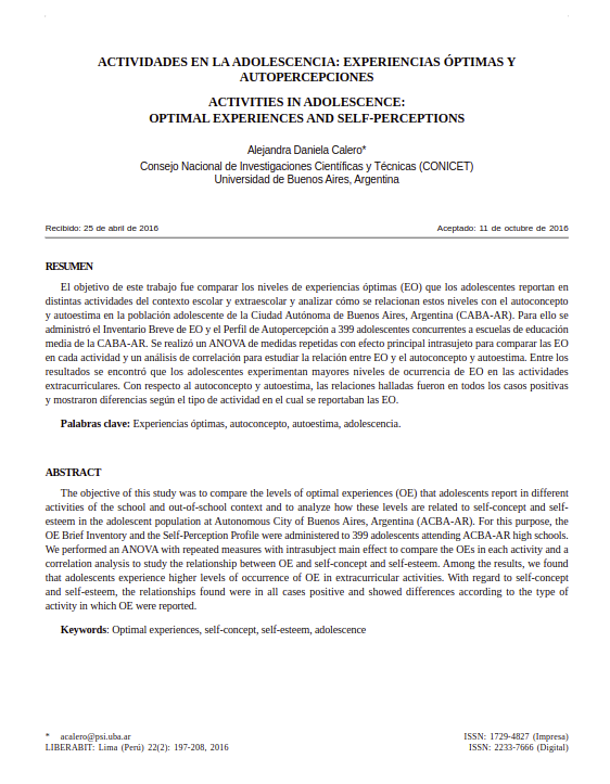 Actividades en la adolescencia: Experiencias óptimas y autopercepciones