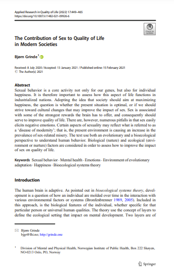 The Contribution of Sex to Quality of Life in Modern Societies