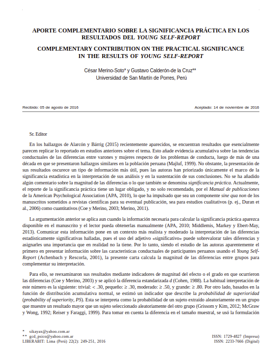 Aporte complementario sobre la significancia práctica en los resultados del Young Self-Report