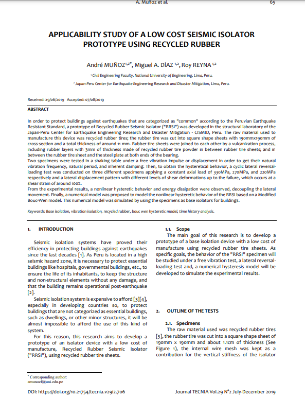 Applicability study of a low cost seismic isolator prototype using recycled rubber