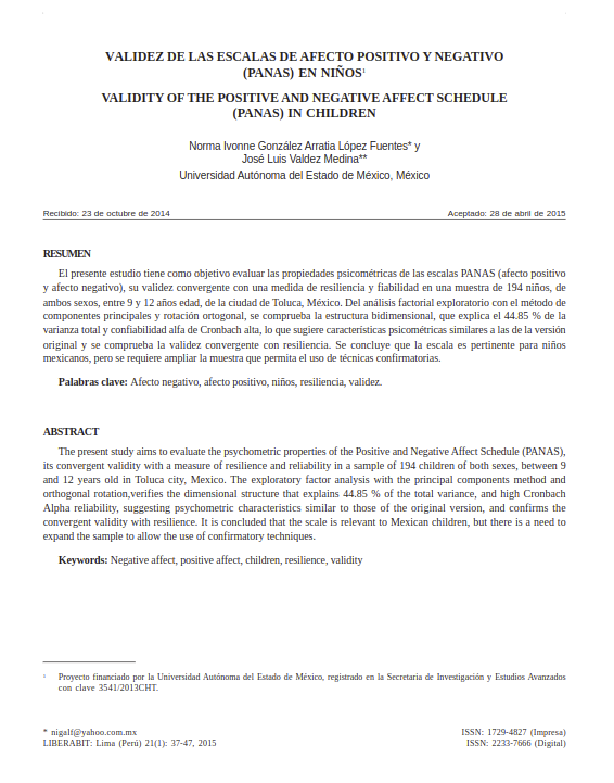 Validez de las escalas de afecto positivo y negativo (PANAS) en niños