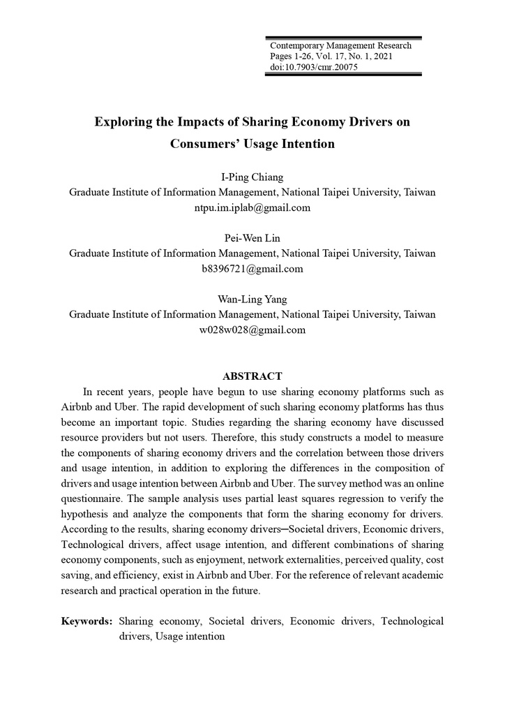 Exploring the Impacts of Sharing Economy Drivers on Consumers’ Usage Intention